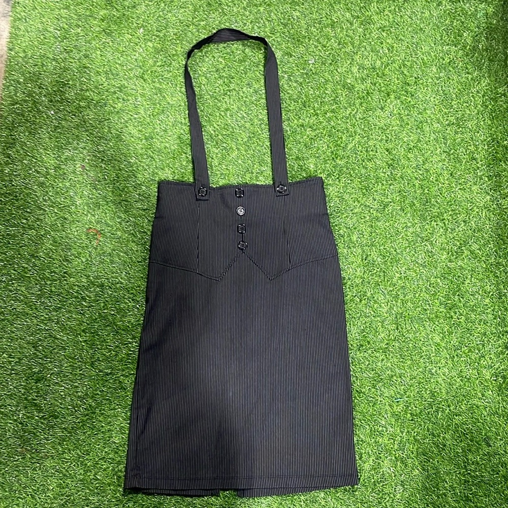 Black and white pinstriped pencil skirt with halter and slit in back.
